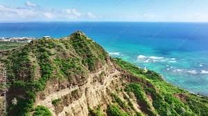 Drone Hawaii. Diamond Head volcano, Oahu. Tourism landmark volcano summit, day trip hike near Waikiki Honolulu.