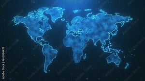 Digital Technology World Map Animation. Glowing Connections in Global Blue World Map Loop with Visual Effects