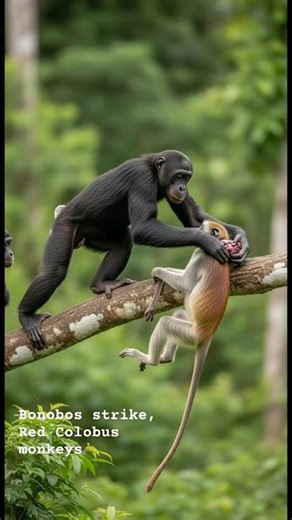 Bonobos go on group hunt of Red Colobus monkeys, #shorts #youtubeshorts #shortvideo #viral