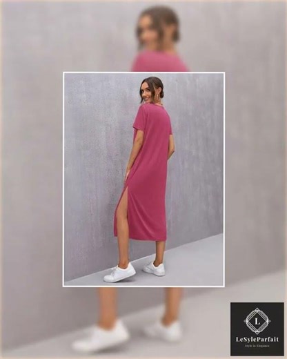 Shift Midi Dress with Round Neckline and Side Slit