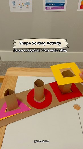 Looking for a quick and fun shape-sorting activity? 🟩🔵🔺Try this DIY setup at home—simple to prep and so engaging for little learners!🤩😍 #montessoriactivities #diyactivitiesforkids #learningthroughplay #toddleractivities #preschoolactivities #kindergartenactivities #shapeactivities | Life with Zion