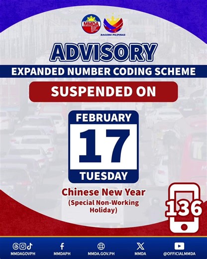 EXPANDED NUMBER CODING SCHEME, SUSPENDIDO SA FEB. 17 Suspendido ang expanded number coding scheme sa Martes, Feb. 17. Matatandaang idineklarang special non-working holiday ang naturang araw bilang paggunita ng Chinese New Year. 📸: MMDA/ Facebook | GMA Public Affairs