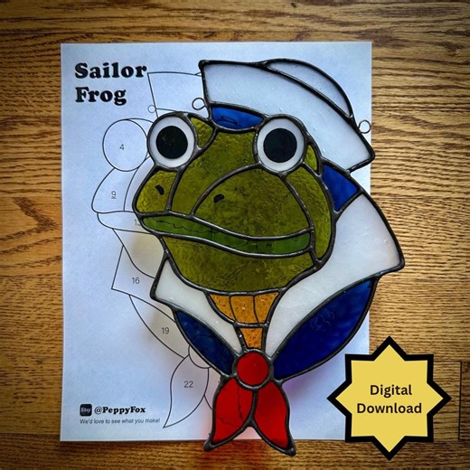 Stained Glass Pattern - DIGITAL FILE (Pdf Png) - Frog Sailor Traditional Tattoo Inspired - Beginner/Easy Suncatcher Template