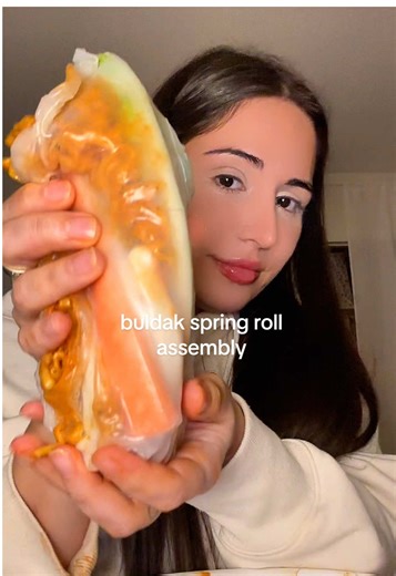 Buldak spring roll assembly (sorta)💖👀 #fyp #springroll #buldak #bts #mukbang