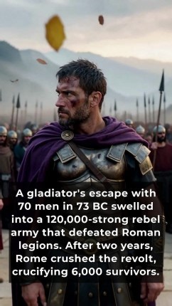A Thracian gladiator led 70 slaves in a daring escape from a gladiatorial school in Capua that sparked one of Rome's most dangerous slave revolts. Known as Spartacus, he had once served as a soldier before being captured and sold into slavery. Rallying escaped gladiators, he built an army of 120000 slaves. Initially, they planned to disperse and seek freedom across Europe, but Roman forces forced them into open rebellion. For nearly three years, Spartacus outmaneuvered Rome's legions until his d