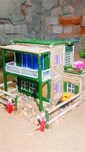 Two - Storey Mini Bamboo House With Balcony & Garage | Tiny Build #shorts