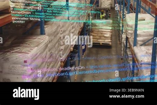 Forklift operator engaging controls, driving pallet through warehouse lane with code tagging stock. Racking, aisle, storage, drums, bags, industrial, machinery