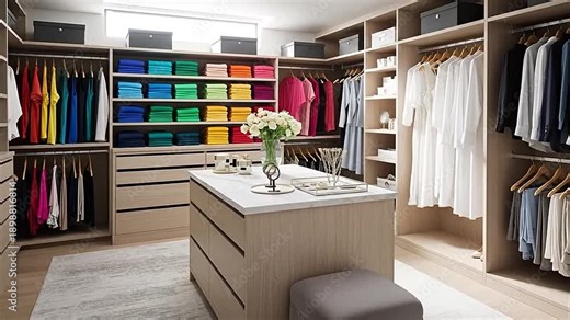 Luxurious and spacious walk-in closet with meticulously organized clothing, designer shoes, and accessories, featuring a central island and elegant decor in a modern home.