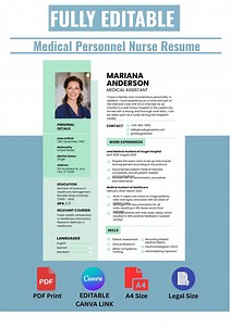 Editable Nurse Resume Template | Medical CV Canva Template | Healthcare Professional Resume A4   Legal PDF - Etsy