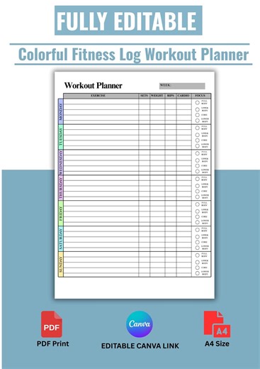 Editable Fitness Workout Planner Template | Weekly Exercise Log | Printable PDF   Canva | Fitness Journal Tracker - Etsy