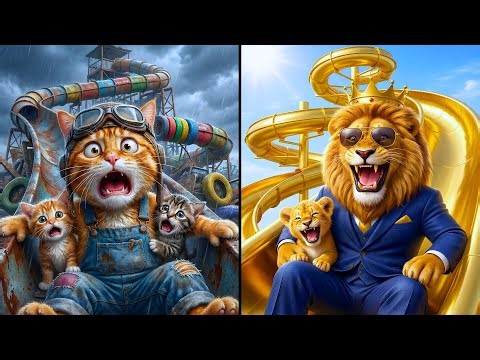 Poor Cat Turns TRASH Into BIGGEST Water Slide... Rich Lion Tries To DESTROY It!😡
