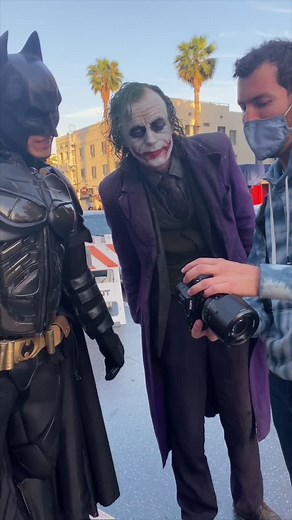 I stopped Joker and Batman for a photoshoot. Their instas are “agentsofkhaos” and “lucidluminous” bts by @jess.billings #streetphotography #viral #fyp