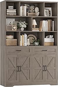 HOSTACK 71" Tall Bookcase with Drawers and Doors, 47" Wide Book Shelf and Bookcase with Storage, 6 Tier Large Book Storage Cabinet with 14" Deep Display Shelves for Living Room, Home Office, Ash Grey