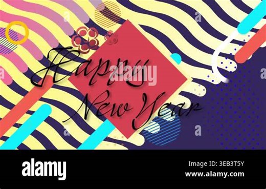 Animation of happy new year text banner over abstract colorful shapes against blue background. New years celebration concept Stock Video Footage - Alamy