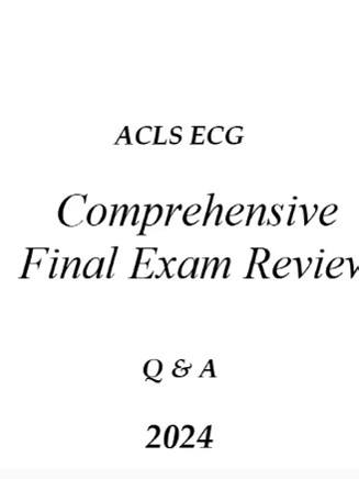 ACLS ECG Comprehensive Final Exam Review Q & A 2026 (Complete And Verified Study material) (16pages) LEARNEXAMS What is the primary pacemaker of the heart? A. Sinoatrial node B. Atrioventricular node C. Purkinje fibers D. Bundle of His Answer: A. Sinoatrial node Rationale: The sinoatrial node is responsible for initiating the electrical impulse that sets the rhythm of the heart, making it the primary pacemaker. 2. Which structure is responsible for the delay in electrical conduction, allowing fo
