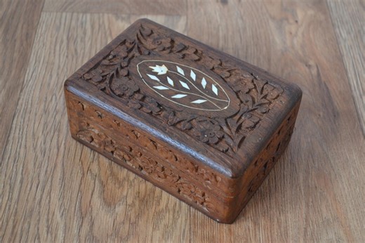 Vintage Carved Wooden Jewellery Box With Inlaid Lid Made in India - Etsy