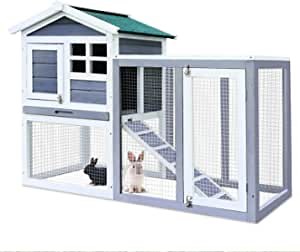 RUNVA Wood Rabbit Hutch Indoor Bunny Cage Outdoor Pet House with Deeper No Leak Trays and Ramp for Small Animals for Outdoor for Home…