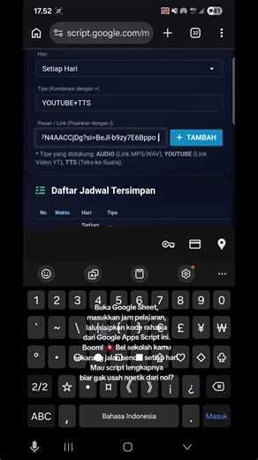 Cara bikin bel sekolah otomatis GRATIS pakai Google Sheet! [Jeda 1 detik]. Buka Google Sheet, masukkan jam pelajaran, lalu sisipkan kode rahasia dari Google Apps Script ini. Boom! 💥 Bel sekolah kamu sekarang jalan sendiri setiap hari. Mau script lengkapnya biar gak usah ngetik dari nol? Cek link di bio ya! #googlesheets #guruinovatif #sourcecode #gurumuda #codinglife