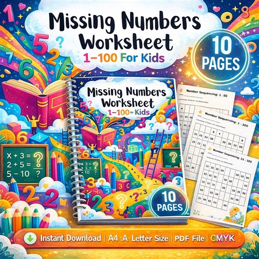 Missing Numbers Worksheet 1–100 Printable PDF – Kindergarten Math Worksheet – Preschool Counting Practice – Homeschool Math Activity CMYK - Etsy