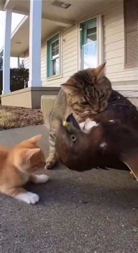 A bird attacks a helpless kitten