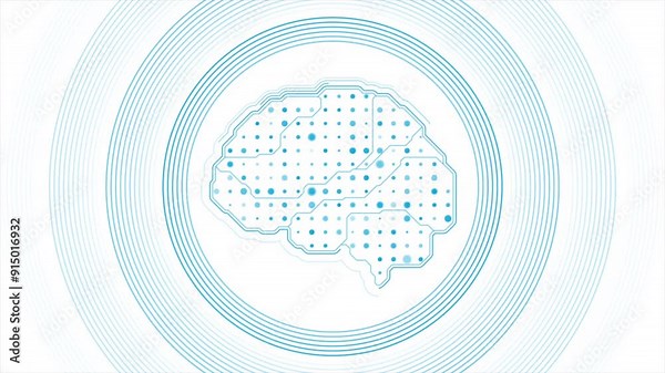 Minimal blue outlines of the human brain with halftone dots abstract futuristic background. Seamless looping technology connection motion design. Video animation Ultra HD 4K 3840x2160