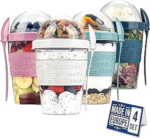 Crystalia 4 Pack 20 oz On The Go Yogurt Parfait Cups with Lids & Spoons, Reusable Yogurt Containers, Take and Go Cup with Topping Cereal or Oatmeal Container, New Colorful Set