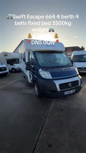 🚐 Swift Escape 664 🛌 4 Berth 🛏️ Fixed Double Bed 🚿 Side Washroom 🪑 4 Seat Belts 🏗️ Coachbuilt Motorhome 💷 £26,999 ⸻ ✨ Key Features: ⚙️ Manual Transmission 🔧 2.2 Litre Engine • 100BHP ⚖️ 3500kg – Standard Car Licence 📐 Superb Layout 📦 Above-Cab Storage 🛋️ Dinette / Bench Seating 🪑 X2 Rear Seat Belts 🍳 Spacious Kitchen Area 👕 Large Wardrobe 🛏️ Fixed Bed With Under-Bed Storage 🚿 Side Washroom 🌤️ Fitted Canopy 🚲 Bike Rack 🚪 Manual Step ⸻ 📋 Specification: 📅 2010 (60 Reg) 🛣️ Only