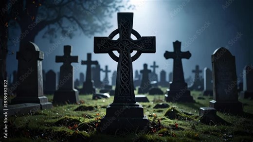 Ancient Celtic stone cross in a misty moonlit cemetery at night with silhouettes of headstones in the background