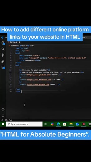 how to add different online platform links to your website using HTML.“HTML for Absolute Beginners”.