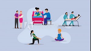 Pregnancy and Childbirth Stages with Family and Medical Support cartoon animation