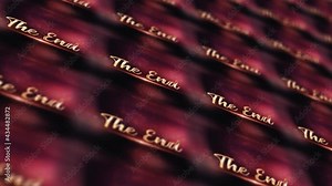 The End Final End Credit Cinematic Title Banner Background Concept. 4K 3D rendering seamless loop The End creative end credit pattern tile matrix pattern on LED light wall with DoF bokeh animation.