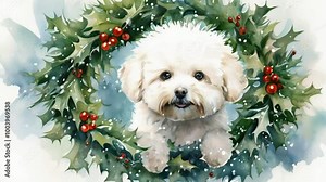 Christmas Portrait of an Adorable Bichon Frise Wearing a Wreath of Mistletoe and Red Berries. Festive and Charming Holiday Pet Photography
