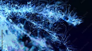 Abstract bg like winter frost pattern in 3d space. Particles form branches like frost patterns from blue christmas tree branches. Christmas background, spreading frost like a window freezes but in 3d.