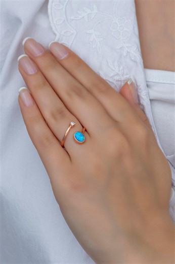 Rose Gold Sterling Silver Blue Opal Ring, Adjustable Open Band - Etsy