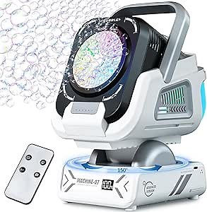 Upgraded Bubble Machine with Remote Control, Automatic Rotation & RGB Lights, 1800mAh Rechargeable Battery, Type-C Charge, Bubble Maker for Kids, Weddings, Birthday Parties, Outdoor Activities