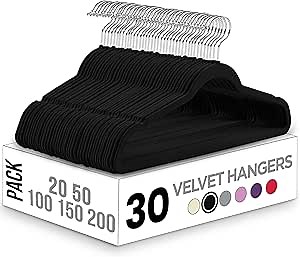 Utopia Home Velvet Hangers 30 Pack - Non-Slip Suit Hangers with 360 Degree Rotatable Hook - for Pants, Coats, Shirts & More (Black)