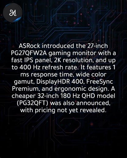 ASRock launches PG27QFW2A gaming monitor with up to 400Hz refresh rate