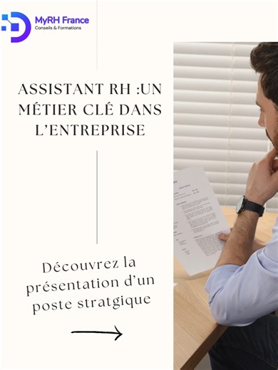 Assistant RH : un métier clé dans l’entreprise Vous souhaitez découvrir un métier stratégique dans les Ressources Humaines ? L’assistant(e) RH est au cœur de la gestion du personnel : du recrutement au suivi des formations, en passant par l’administration et le bien-être des collaborateurs. À travers ce carrousel, découvrez la présentation complète de ce poste stratégique. Prêt(e) à lancer votre carrière en RH ? 👉 Contactez-nous pour toutes les informations sur la formation et donnez un coup d’