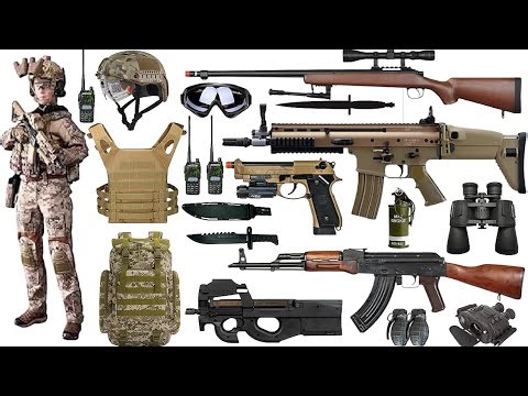 Unboxing collection of special forces toy guns: SCAR, AK47, submachine gun, sniper rifle, baretta m9