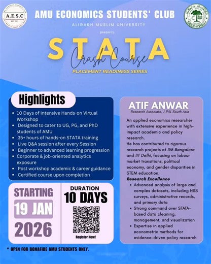 voice of amu on Instagram: "https://forms.gle/H38hFzGM1N4q9r5R7 📊 Ready to boost your data skills and placement readiness? The AMU Economics Students’ Club presents a 10-Day STATA Crash Course designed exclusively for UG, PG, and PhD students of AMU. This intensive, hands-on virtual workshop will take you from beginner to advanced, with 35+ hours of practical STATA training, live Q&A after every session, and a strong focus on research, analytics, and job-oriented skills. 👨‍🏫 Learn from Atif A
