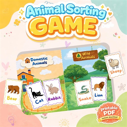 Printable Animal Sorting Card Game – Printable Wild vs Domestic Animals Activity for Kids, Preschool & Kindergarten Flashcards Game PDF
