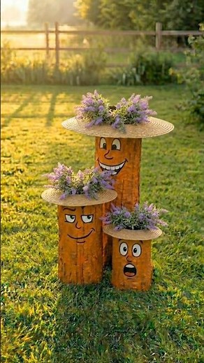 Painted Tree Stump Faces Turn Into Flower Planters 🌸 DIY Garden Art #diy