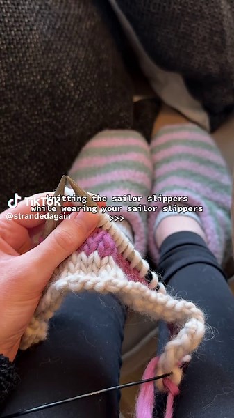 making an all pink version of the sailor slippers by @annie - anniesews for my sister! i’m very behind on making these as gifts for my family but trying to work on them a little bit each day :) #knitting #knittok #knittersoftiktok #yarntok #yarn