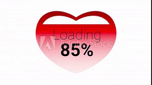 A loading animation: an increasing progress number (percent) over a red heart being filled up. Use: fake mock page buffering. White background.