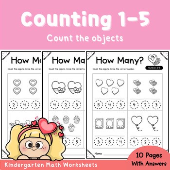 Valentine’s Day Counting Objects Worksheets 1–5 | Kindergarten | No Prep