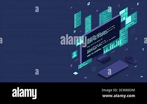 Computer technology animation. Desktop computer platforms. Software programming coding concept. Code with computer monitor. 4K video animated in isometric style