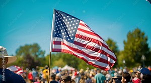 American flag being waved by a group of people at a Fourth of July parade, American Flag, Patriotism, Flying, celebrations, Independence day, 4th july, with copy space Stock Video