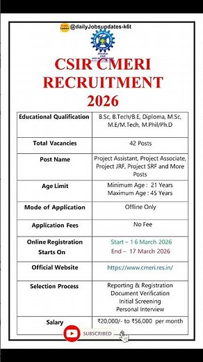 CSIR CMERI RECRUITMENT 2026 | New Vacancy 2026 | dailyJobs updates #shorts #csir #job #trending