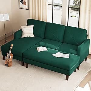 Belffin Small Sectional Sofa Sleeper L Shaped Couch with Ottoman Velvet Convertible with Chaise Sectional Sofa Set for Small Space Green
