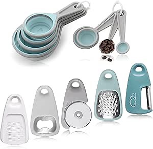 Kitchen Gadgets Set 13 Piece, Space Saving Cooking Tools Includes Cheese Grater, Pizza Cutter, Peeler, Bottle Opener, Garlic Grinder, Collapsible Measuring Cups Spoons for Small Kitchen RV Camp